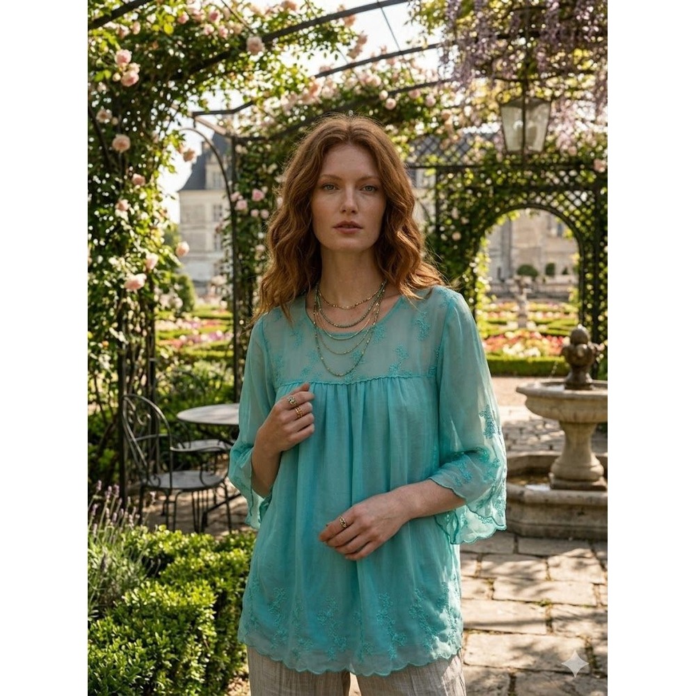 Chelsea Studio Boho Mint Aqua Top Butterfly Sleeve Embroidered Fairycore Blouse
